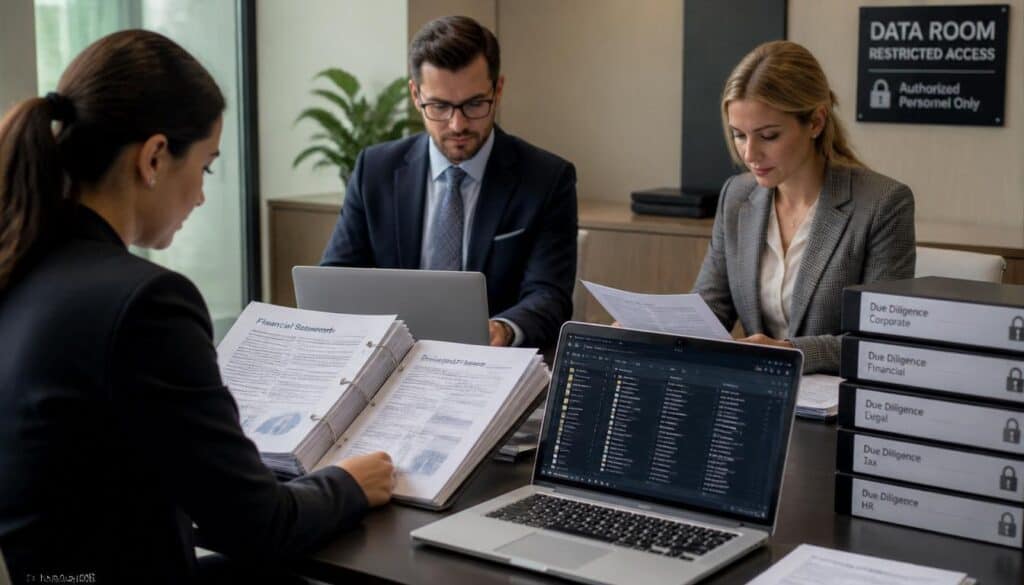 Business professionals reviewing documents and digital data in a secure data room.