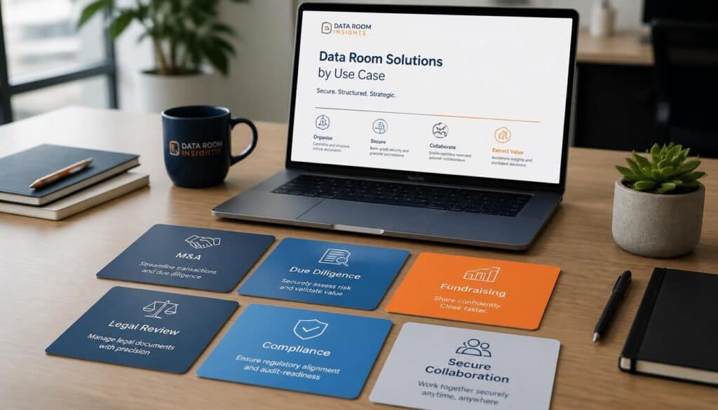 Data Room Insights platform on laptop with cards and accessories.