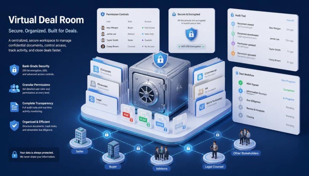 Illustration of virtual deal room software with security and permission controls.