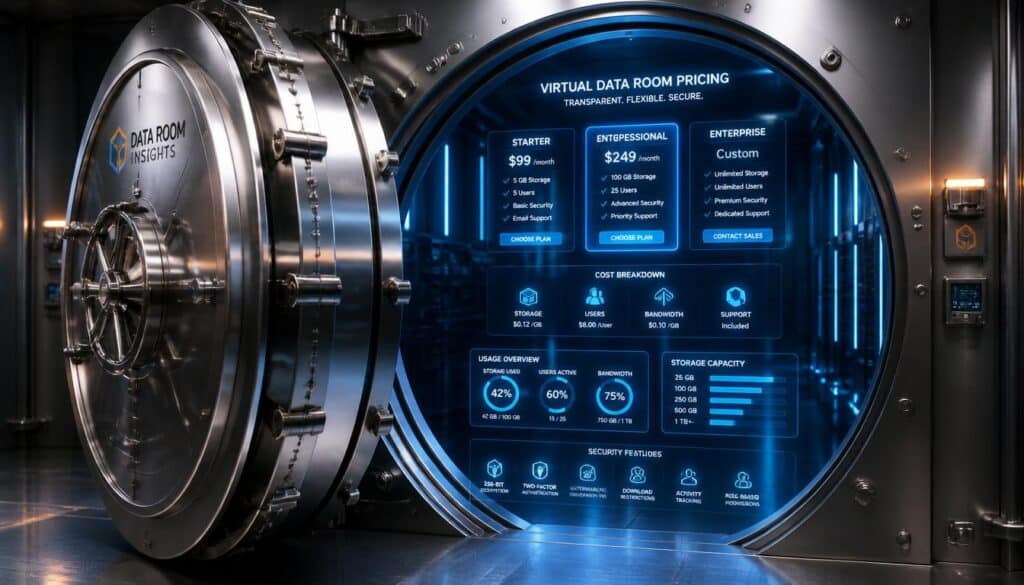 Futuristic digital vault with virtual data room pricing details.