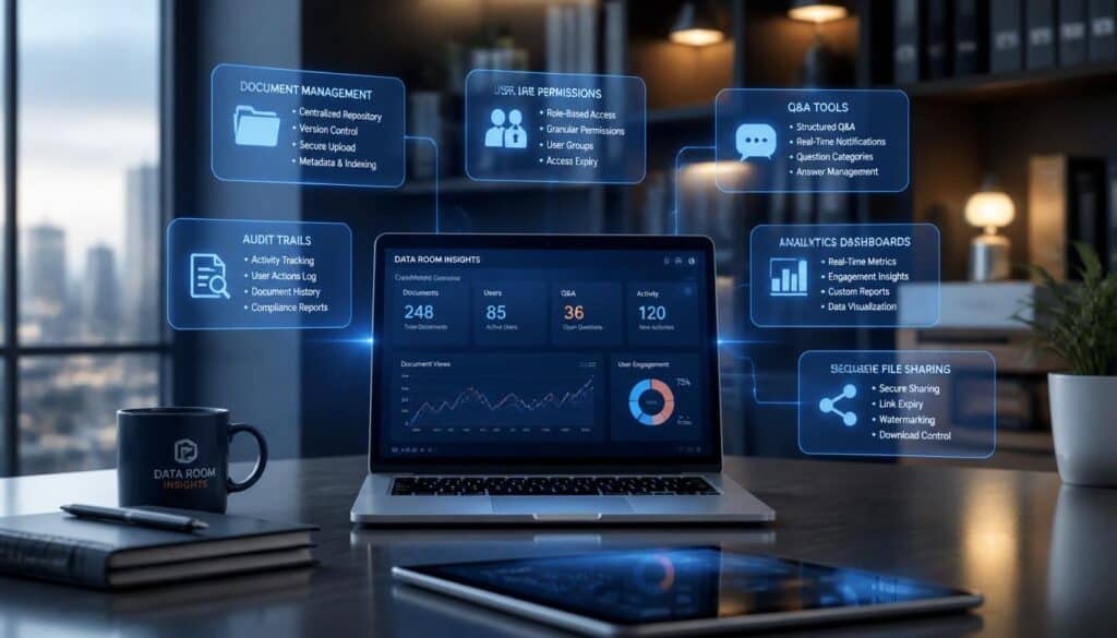 Futuristic data management dashboard with analytics and permissions overview.