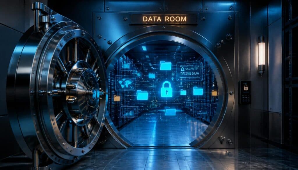Secure data room with digital icons representing data security and encryption.
