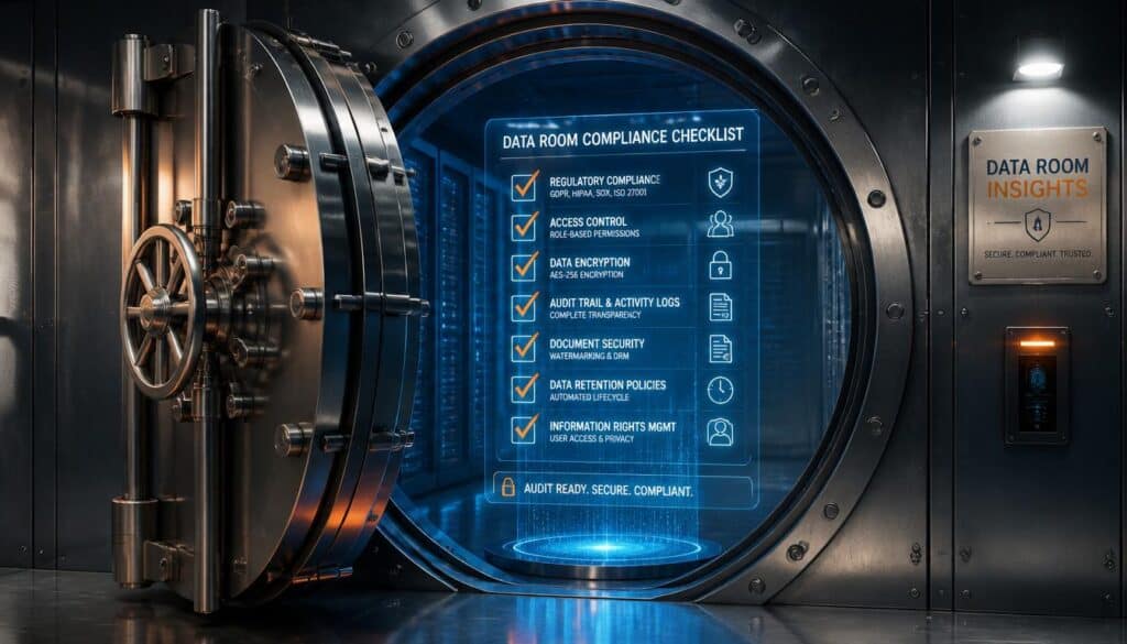 Secure data room with compliance checklist displayed on screen.